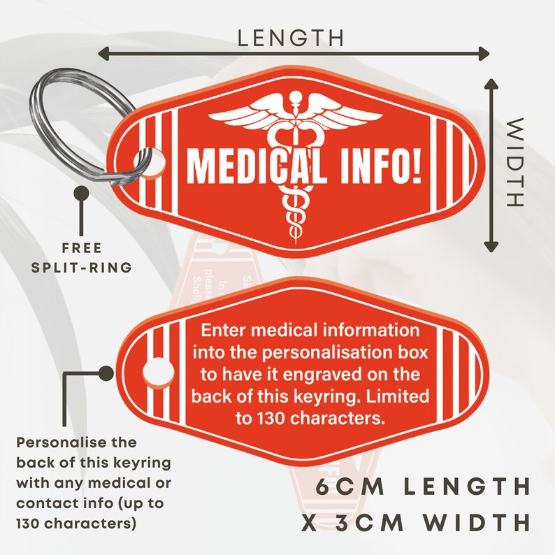 Puede incluir: Llavero rojo de informaci&oacute;n m&eacute;dica con un s&iacute;mbolo de caduceo blanco y el texto "MEDICAL INFO!"  El llavero mide 6 cm de largo y 3 cm de ancho.  La parte posterior del llavero tiene un espacio para personalizar con informaci&oacute;n m&eacute;dica.