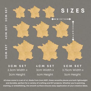 Peut inclure: Neuf d&eacute;coupes en bois en forme de France, en trois tailles : 2,3 cm x 3 cm, 3 cm x 4 cm et 3,75 cm x 5 cm. Le texte sur l'image indique "TAILLES", "3CM SET", "4CM SET" et "5CM SET".