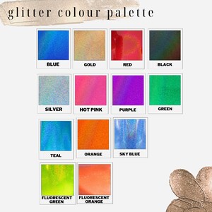 K&ouml;nnte beinhalten: Eine Farbpalette aus Glitter in verschiedenen Farben, darunter Blau, Gold, Rot, Schwarz, Silber, Pink, Lila, Gr&uuml;n, T&uuml;rkis, Orange, Himmelblau, Fluoreszierendes Gr&uuml;n und Fluoreszierendes Orange.