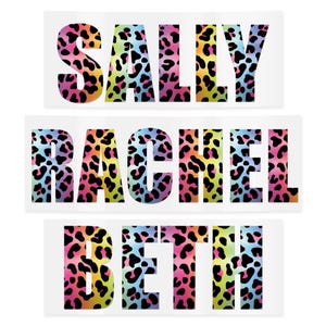 May include: Three rectangular stickers with names in large, bold letters. The names are "SALLY", "RACHEL", and "BETH". Each letter is filled with a colorful leopard print pattern in shades of pink, yellow, blue, and black.
