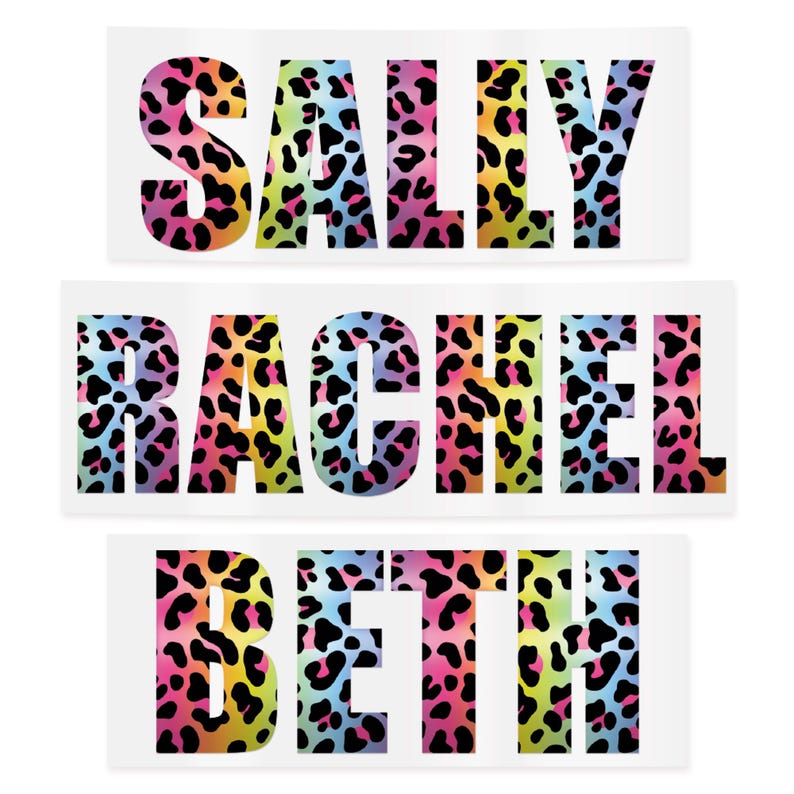 May include: Three rectangular stickers with names in large, bold letters. The names are "SALLY", "RACHEL", and "BETH". Each letter is filled with a colorful leopard print pattern in shades of pink, yellow, blue, and black.