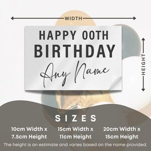 May include: White printable sticker with the text "HAPPY OOTH BIRTHDAY" and a space for a name. The sticker is available in three sizes: 10cm x 7.5cm, 15cm x 11cm, and 20cm x 15cm.