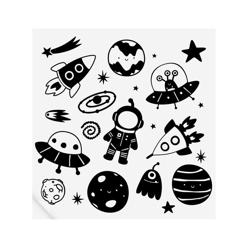 May include: Black and white illustration of space-themed objects, including a rocket, a spaceship, an astronaut, planets, and stars.