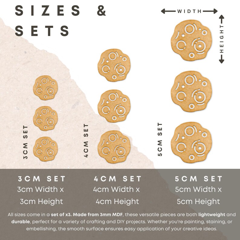 Puede incluir: Tres juegos de recortes de luna de madera en diferentes tama&ntilde;os: 3 cm, 4 cm y 5 cm. Cada juego incluye tres formas de luna id&eacute;nticas. Los recortes de luna est&aacute;n hechos de MDF de 3 mm y tienen un acabado de madera natural.