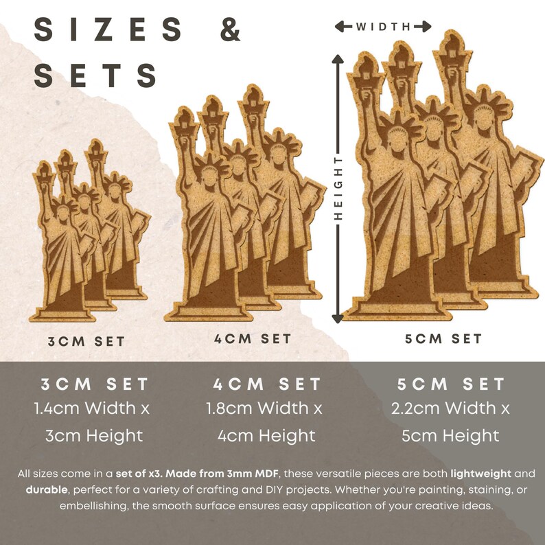 May include: Three sets of wooden miniature Statue of Liberty replicas in three sizes: 3 cm, 4 cm, and 5 cm. Each set includes three replicas. The replicas are made of 3 mm MDF and are lightweight and durable.