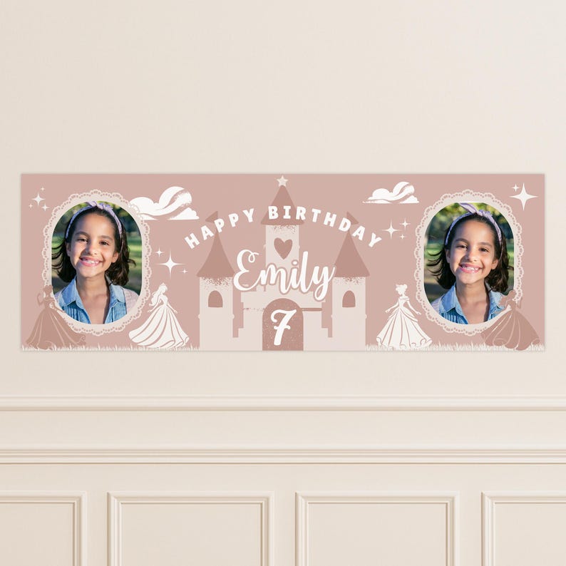 May include: A personalized birthday banner in a soft pink hue, featuring a castle design and the name "Emily" with the number "7." The banner includes two circular photo frames with a girl's image, princess silhouettes, and decorative elements.