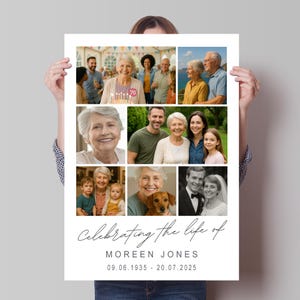 May include: A poster featuring a collage of family photos, celebrating the life of Moreen Jones. The poster includes the dates 09.06.1935 - 20.07.2025 and the words "Celebrating the life of" in elegant script.