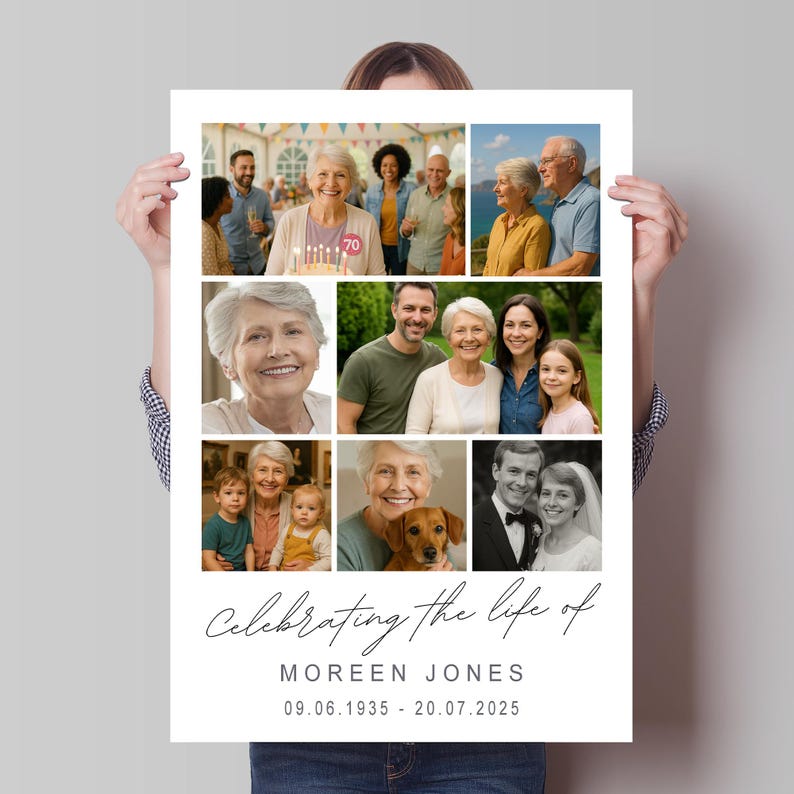 May include: A poster featuring a collage of family photos, celebrating the life of Moreen Jones. The poster includes the dates 09.06.1935 - 20.07.2025 and the words "Celebrating the life of" in elegant script.
