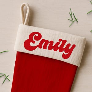 Personalised Christmas Name Iron On Sticker – Font 1 | Festive Retro Custom Heat Transfer Vinyl for Christmas Stockings, Santa Sacks & Gifts