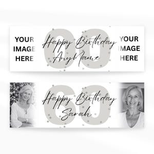 May include: Two white banners with a birthday theme. The top banner has the text "YOUR IMAGE HERE" on each end, with "Happy Birthday Any Name" and the number "60" in the center. The bottom banner has photos of a woman and the text "Happy Birthday Sarah".