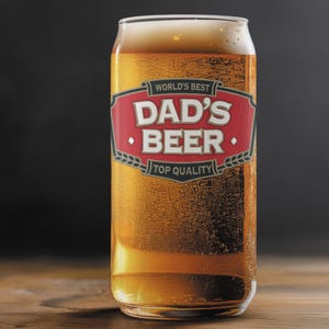 May include: A beer can filled with a light amber-colored beer and a foamy head. The can features a red and black label with the text "WORLD'S BEST DAD'S BEER TOP QUALITY". The can is on a wooden surface.