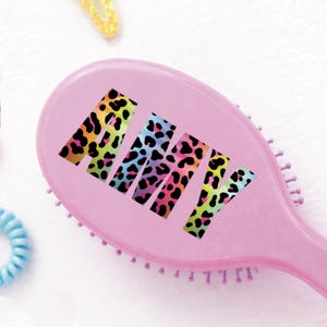 May include: A pink oval hairbrush with the name "AMY" in colorful leopard print lettering. The brush has soft bristles and is surrounded by other hair accessories.