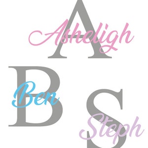 May include: Three large gray letters, A, B, and S, with names written in cursive on each letter. The name "Asheligh" is written in pink cursive on the letter A. The name "Ben" is written in blue cursive on the letter B. The name "Steph" is written in purple cursive on the letter S.