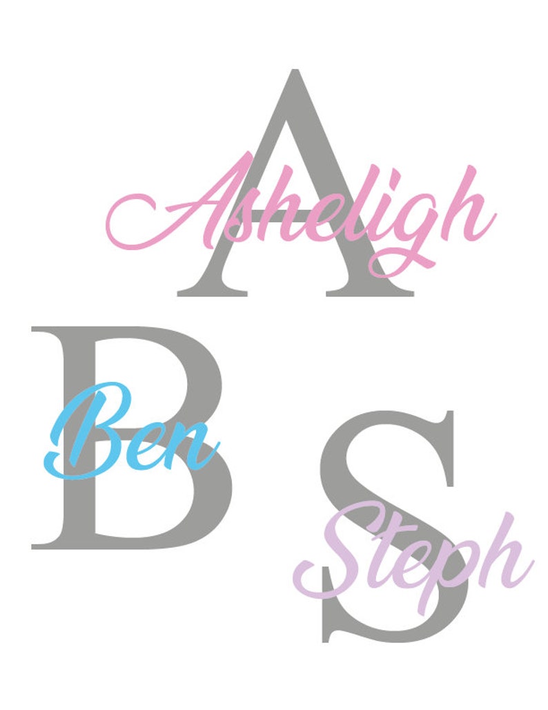 May include: Three large gray letters, A, B, and S, with names written in cursive on each letter. The name "Asheligh" is written in pink cursive on the letter A. The name "Ben" is written in blue cursive on the letter B. The name "Steph" is written in purple cursive on the letter S.