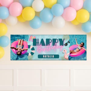 May include: A personalised birthday banner with a pool theme. The banner features the text "HAPPY Birthday" in teal and pink, with the name "NATALIA" below. It includes images of a flamingo, sunglasses, and people in a pool.