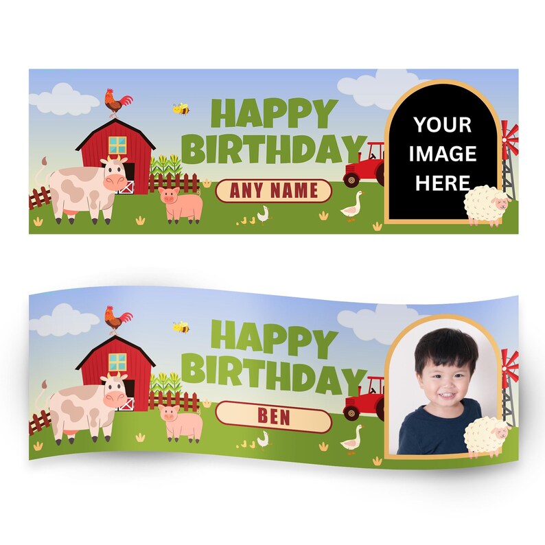 May include: A banner with a farm theme, featuring a red barn, cow, pig, and tractor. The text "HAPPY BIRTHDAY" is displayed, with space for a name and a photo. A windmill and sheep are also included.