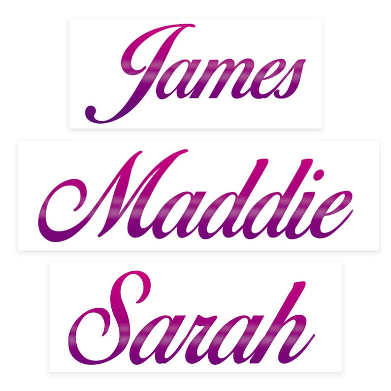 May include: Three rectangular white stickers with names in a gradient purple script. The names are James, Maddie, and Sarah. The script is a flowing, cursive font.