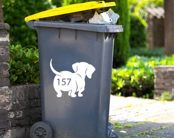 Personalised Wheelie Bin Sticker Dog dachshund Silhouette Funny Custom Number House Number Sticker Wheely Bin Dustbin