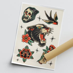 Traditional Tattoo Print - poster: Tattoo Style Sheet Art Posters | Vintage Designs | Classic Ink Wall Decor | Alternative Home Decor image 3