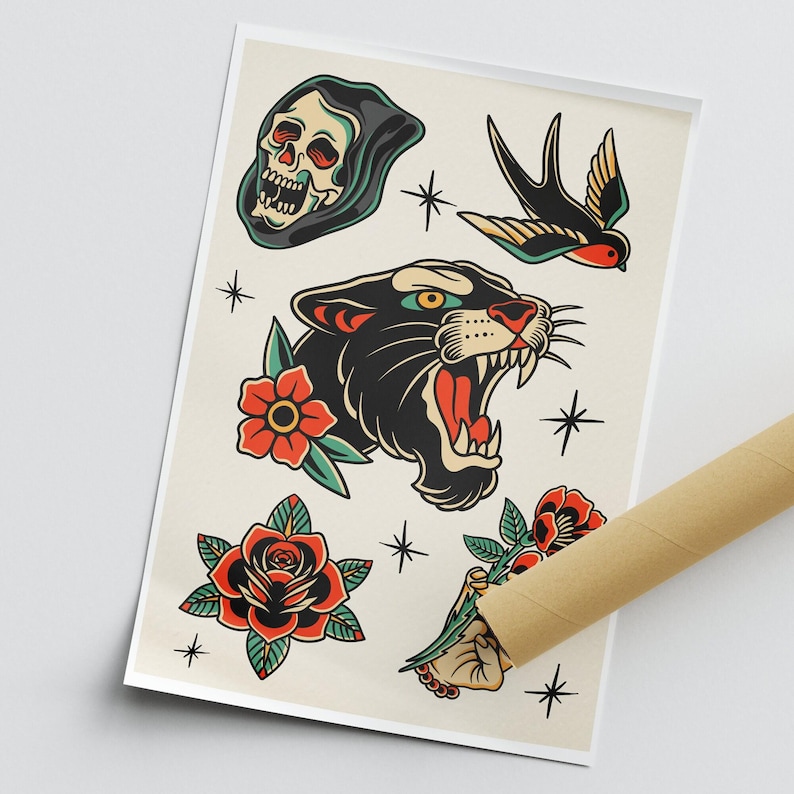 Traditional Tattoo Print - poster: Tattoo Style Sheet Art Posters | Vintage Designs | Classic Ink Wall Decor | Alternative Home Decor image 3