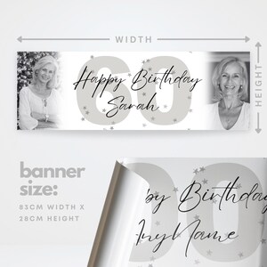 May include: A personalized banner for a 60th birthday celebration. The banner features a photo of a woman on each end, with the words "Happy Birthday Sarah" and the number "60" in the center. The banner is 83cm wide and 28cm high.