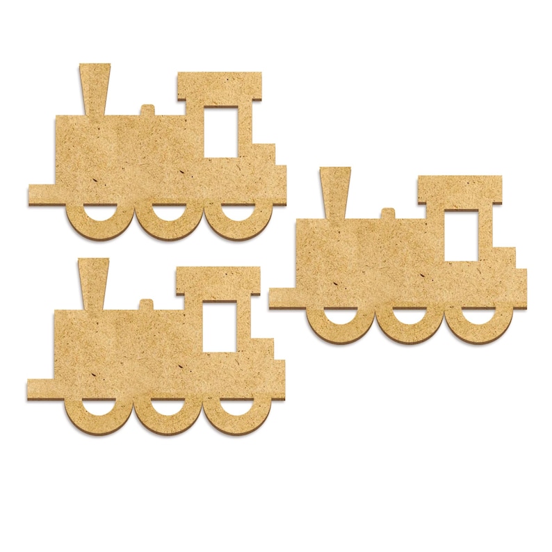 May include: Three brown cardboard train cut-outs with wheels. The trains are in different sizes and have a simple design.