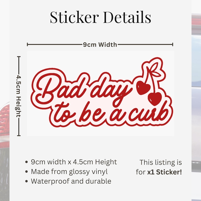 K&ouml;nnte beinhalten: Roter Aufkleber mit dem Text "Bad day to be a curb" in Schreibschrift, mit zwei Kirschen. Der Aufkleber ist 9 cm breit und 4,5 cm hoch. Hergestellt aus gl&auml;nzendem Vinyl, wasserfest und langlebig.