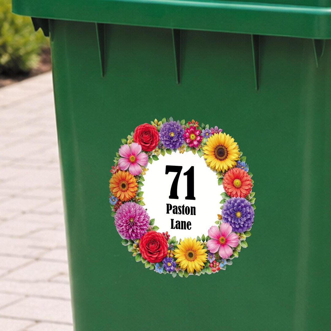 Personalised Wheelie Bin Sticker | Flower Circle House Number Decal ...