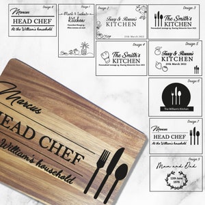 May include: A wooden cutting board with a black design that says "Marcus Head Chef at the William's household". The design includes a fork, knife, and spoon.