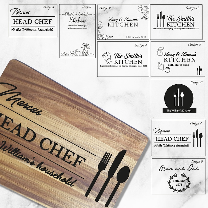 May include: A wooden cutting board with a black design that says "Marcus Head Chef at the William's household". The design includes a fork, knife, and spoon.
