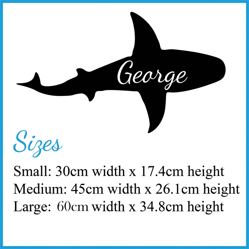 May include: Black silhouette of a shark with the name "George" written on it.  The image includes sizing information for small, medium, and large sizes in centimeters.