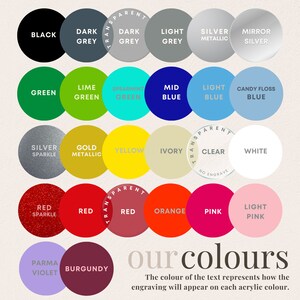Puede incluir: Un gr&aacute;fico que muestra diferentes colores de acr&iacute;lico con texto que indica c&oacute;mo aparecer&aacute; el grabado en cada color. Los colores incluyen negro, gris oscuro, gris claro, plata metalizada, plata espejo, verde, verde lima, verde menta, azul medio, azul claro, azul algod&oacute;n de az&uacute;car, plata brillante, dorado metalizado, amarillo, marfil, transparente, blanco, rojo brillante, rojo, rojo, naranja, rosa, rosa claro, violeta parma y burdeos.