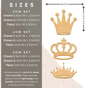 May include: Three wooden crown cutouts in various designs. The image includes text indicating sizes: 3cm, 4cm, and 5cm sets. Each set includes three pieces. The text also mentions the material is 3mm MDF.