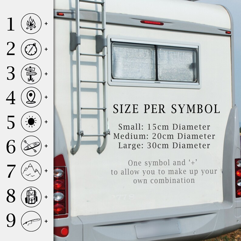 K&ouml;nnte beinhalten: Ein wei&szlig;er Wohnwagen mit einer Leiter an der Seite. Die R&uuml;ckseite des Wohnwagens zeigt eine Liste von neun Symbolen mit den Zahlen 1 bis 9 daneben. Der Text "SIZE PER SYMBOL" ist auf dem Wohnwagen mit den folgenden Informationen gedruckt: "Small: 15 cm Durchmesser, Medium: 20 cm Durchmesser, Large: 30 cm Durchmesser". Der Text "Ein Symbol und '+' um Ihre eigene Kombination zu erstellen" ist ebenfalls auf dem Wohnwagen gedruckt.