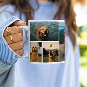 Pode incluir: Caneca de cer&acirc;mica branca com uma colagem de quatro imagens de um golden retriever. As imagens mostram o c&atilde;o nadando, sentado e pegando uma bola. A caneca &eacute; segurada por uma pessoa que usa um su&eacute;ter azul.