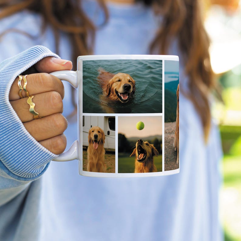 Pode incluir: Caneca de cer&acirc;mica branca com uma colagem de quatro imagens de um golden retriever. As imagens mostram o c&atilde;o nadando, sentado e pegando uma bola. A caneca &eacute; segurada por uma pessoa que usa um su&eacute;ter azul.