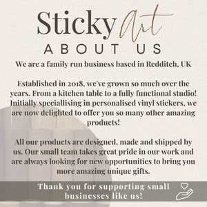May include: A text-based image with the words "Sticky Art" in a brown font, followed by "About Us" in a black font. The text describes a family-run business based in Redditch, UK, that specializes in personalized vinyl stickers and other products.