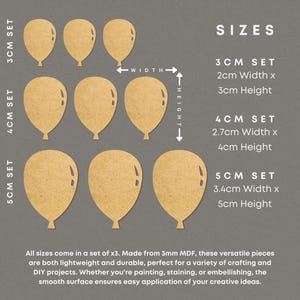 May include: Three sets of wooden balloon cutouts in three sizes: 3 cm, 4 cm, and 5 cm. Each set includes three balloons. The balloons are made of 3 mm MDF and are perfect for crafting projects.