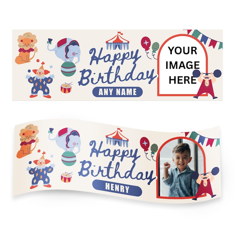 Puede incluir: Una pancarta de cumplea&ntilde;os con tem&aacute;tica de circo. La pancarta presenta ilustraciones de un le&oacute;n, un payaso y un elefante haciendo equilibrio sobre una pelota. El texto dice "Happy Birthday" y "Any Name". Se incluye un marco de fotos.