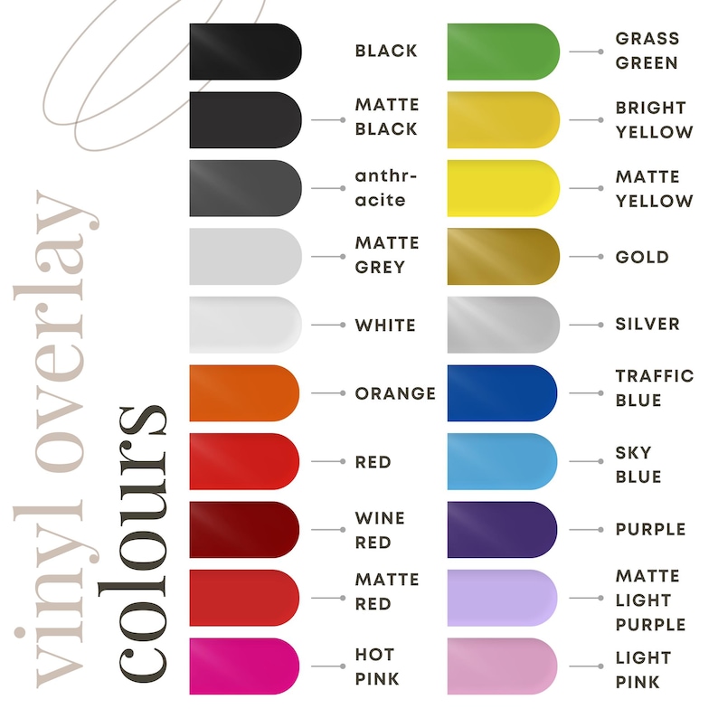 Op de afbeelding: Een kleurenkaart met vinyl overlay kleuren. De kaart bevat tinten zoals zwart, matzwart, wit, oranje, rood, felroze, grasgroen, helder geel, goud, zilver, verkeersblauw, hemelsblauw en lichtroze. De tekst "vinyl overlay colours" staat links.
