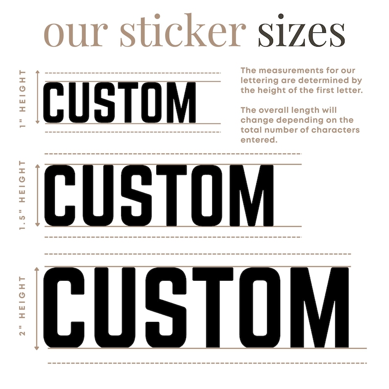 May include: Image showing sticker size options. The text "CUSTOM" is displayed in three sizes: 1 inch, 1.5 inches, and 2 inches in height. The text "our sticker sizes" is at the top. Additional text explains how the lettering size is determined.