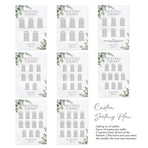 May include: Nine white seating chart cards with green foliage accents. Each card has a header that reads "The Seating Chart" and includes table numbers and space for guest names. The cards are arranged in a grid.