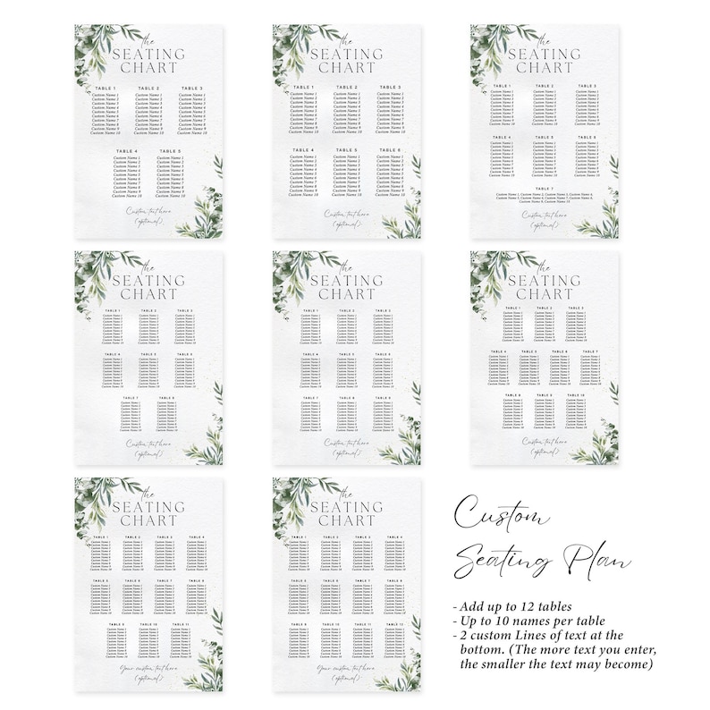 May include: Nine white seating chart cards with green foliage accents. Each card has a header that reads "The Seating Chart" and includes table numbers and space for guest names. The cards are arranged in a grid.