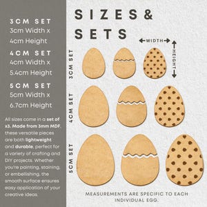 May include: Three sets of wooden Easter egg shapes in three sizes: 3 cm, 4 cm, and 5 cm. Each set includes three eggs: plain, with a crack, and with brown polka dots. The text "SIZES & SETS" is at the top of the image. The text "WIDTH" and "HEIGHT" are shown with arrows pointing to the dimensions of the eggs.