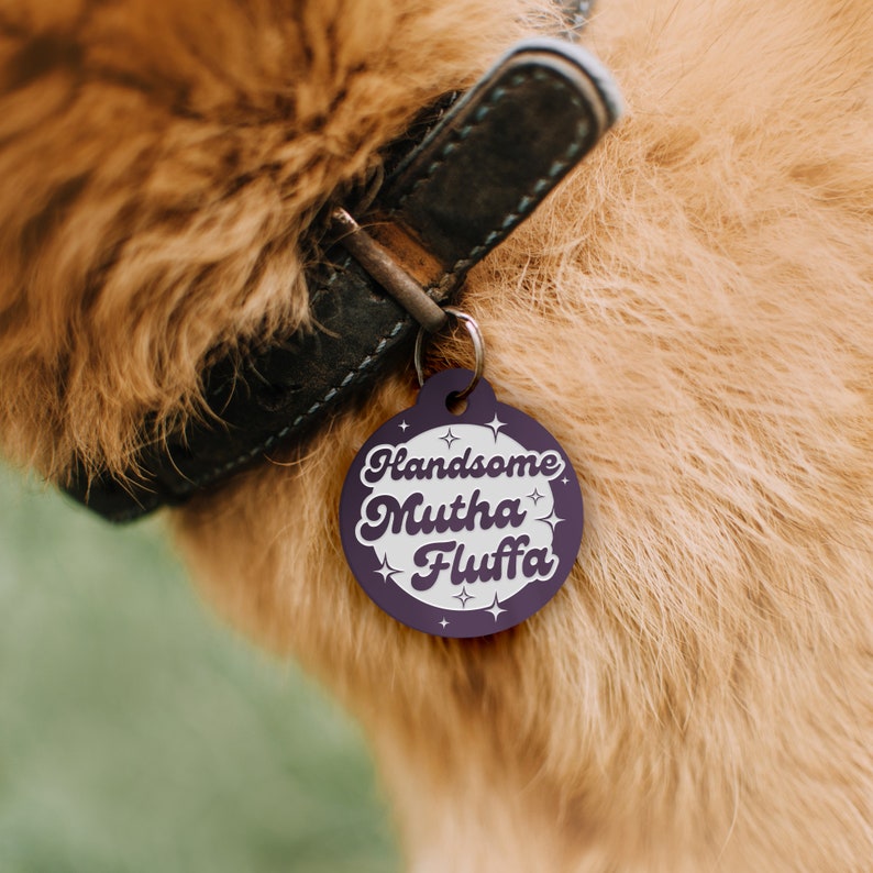 Op de afbeelding: Een paarse hondenpenning met witte tekst die "Handsome Mutha Fluffa" luidt met witte sterren rond de tekst.