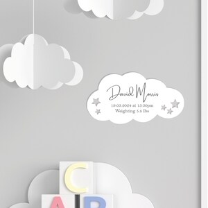 Cloud and Stars Birth Details Baby Name And Weight Birth Information Nursery Wall Hanger Keepsake image 1