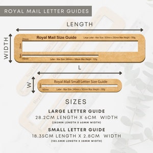 May include: A wooden ruler with markings for measuring the size of envelopes for Royal Mail. The ruler has two sections, one for large letters and one for small letters. The ruler is labeled with the maximum size and weight for each type of letter. The ruler is a helpful tool for anyone who needs to send letters through Royal Mail.