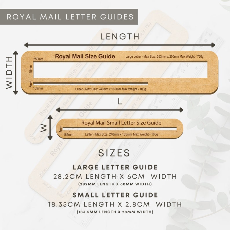 May include: A wooden ruler with markings for measuring the size of envelopes for Royal Mail. The ruler has two sections, one for large letters and one for small letters. The ruler is labeled with the maximum size and weight for each type of letter. The ruler is a helpful tool for anyone who needs to send letters through Royal Mail.