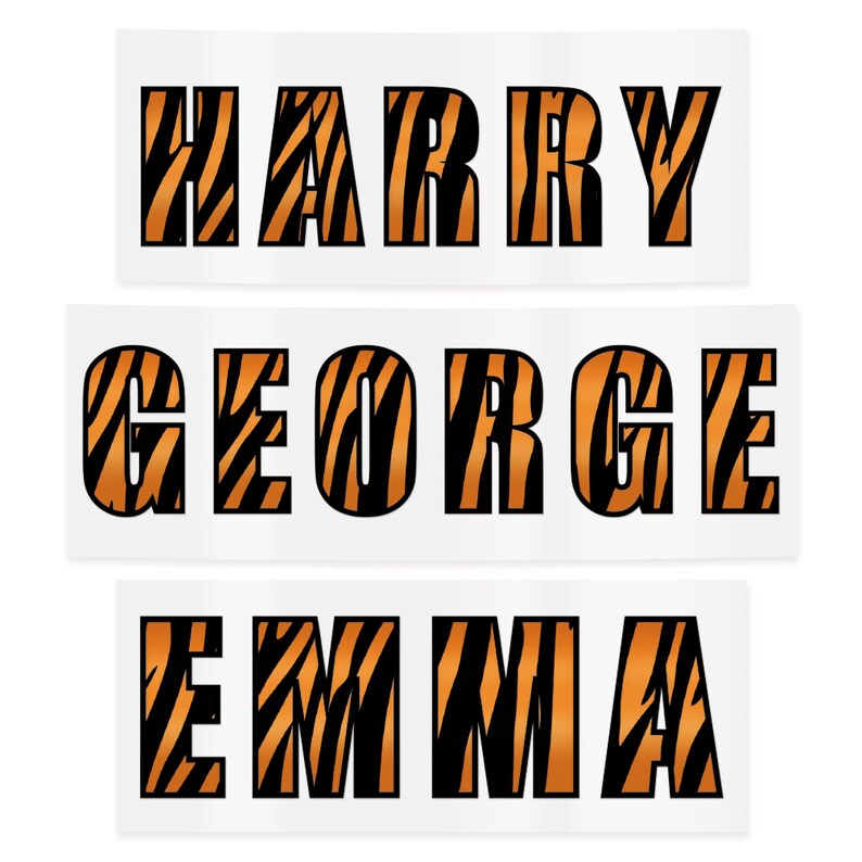 May include: Three rectangular stickers with names: "HARRY", "GEORGE", and "EMMA". Each name is in bold, black letters with a tiger stripe pattern in orange and black. The stickers are on a white background.