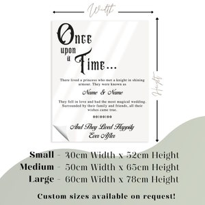May include: A printable design for a wedding announcement. The design features a black and white illustration of a fairytale castle with the text "Once upon a Time..." and "And They Lived Happily Ever After". The design also includes the text "Name & Name" and "00100100". The design is available in three sizes: small (20cm x 52cm), medium (50cm x 65cm), and large (60cm x 78cm).